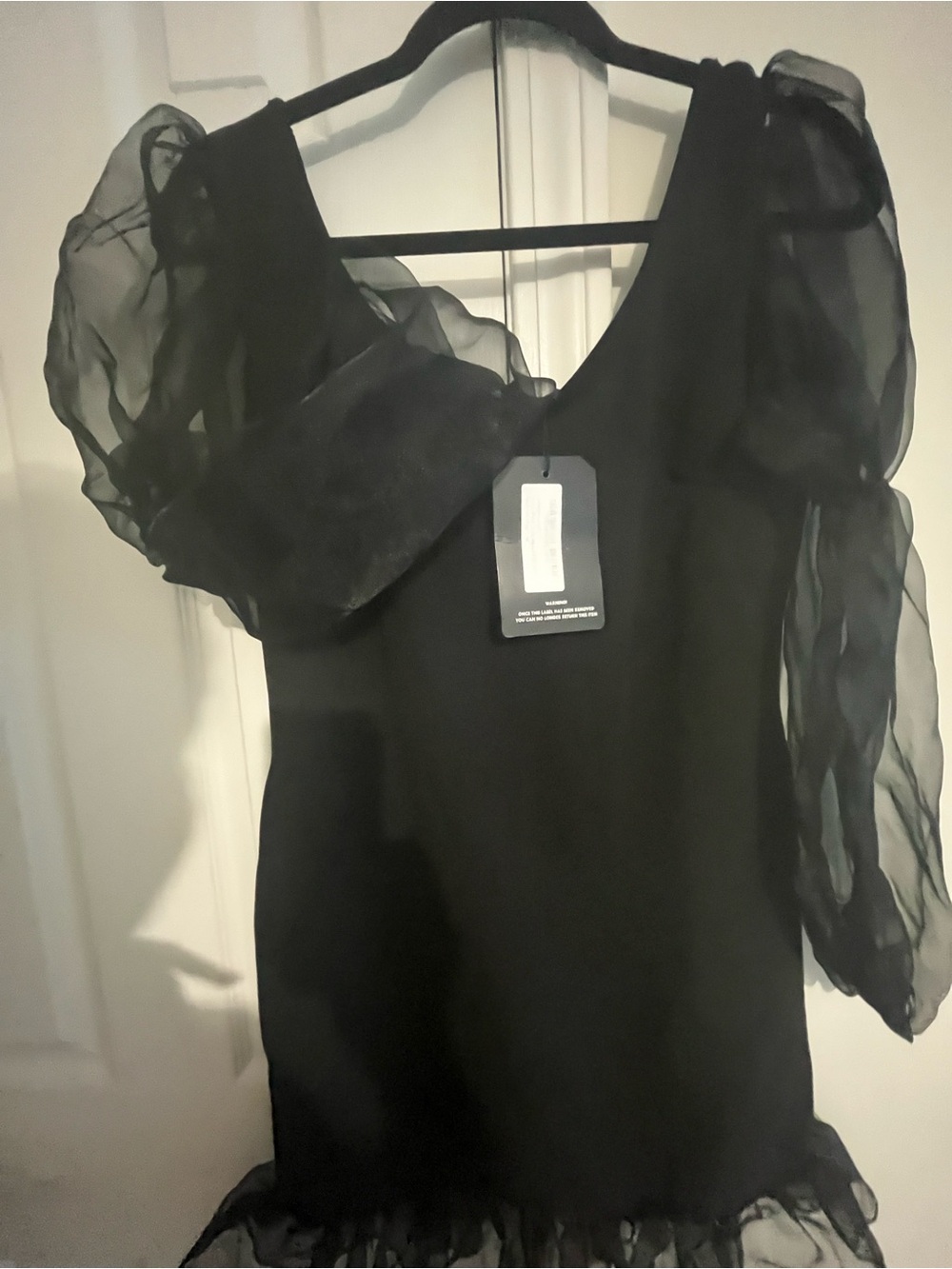 PrettyLittleThing Black Mini Dress with Sheer Puff Sleeves